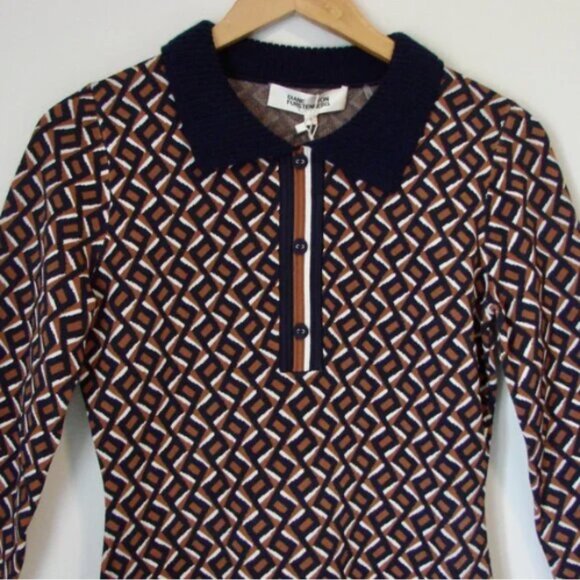 DVF Diane Von Furstenberg Mini Dress Milena Zig Zag Camel Knit Office Small NEW - Picture 11 of 15